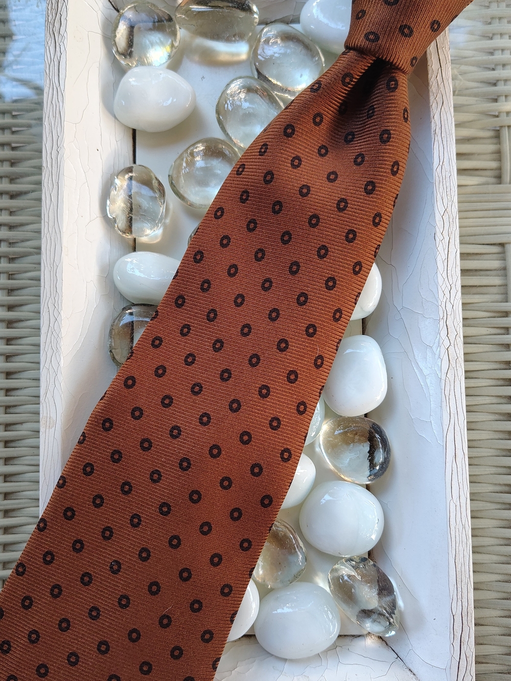 Kiton Rust Orange Silk Tie with Black Dot Pattern